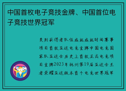 中国首枚电子竞技金牌、中国首位电子竞技世界冠军